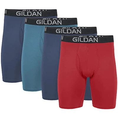 Afbeelding van Gildan Heren katoenen stretch lange been boxershort (Pack van 4), Blue Cove/Hawaiiaans blauw/Heather Red Mark (4 pack, poot), XXL