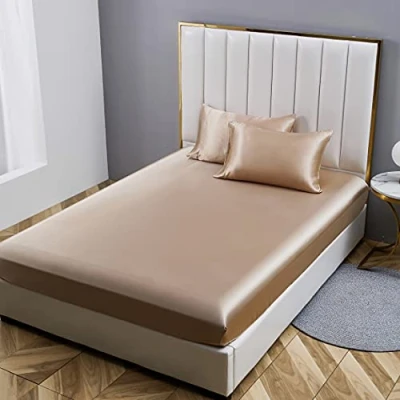 Afbeelding van Damier Satijnen hoeslaken, 140 x 200 cm, beige met zijdeglans, luxe effen geschikt voor matrassen tot 30 cm hoog