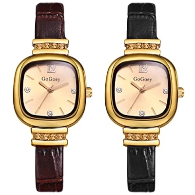 Afbeelding van JewelryWe Dameshorloge, analoog kwartsuurwerk, klassiek zakelijk casual horloge met leren armband voor vrouwen en meisjes, Type 1 vierkant, 2 stuks