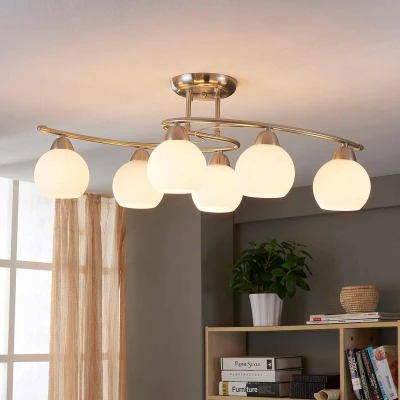 Afbeelding van Lindby plafondlamp 6 lichts glas, metaal H: 25 cm E14 wit, mat nikkel