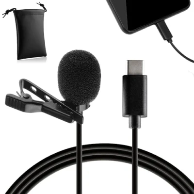 Afbeelding van MOJOGEAR Speldmicrofoon USB C voor smartphone en tablet 1,5 meter kabel dasspeld Lavalier microfoon iPhone 15 &amp; Android smartphones Zwart