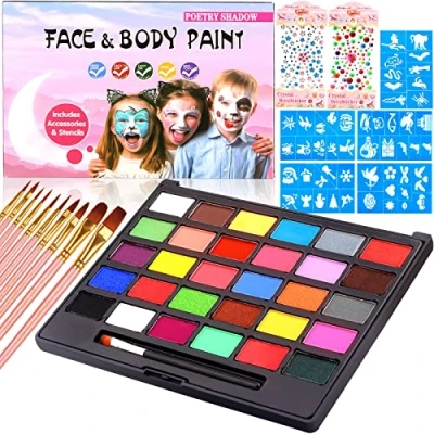 Afbeelding van MULEVIP Gezichtsverf, lichaam, 30 kleuren, make uppalet voor kinderen, lichaamsverf, gezichtsschildering, up met penselen en sjablonenbladeren, strass, Halloween, carnaval, Kerstmis