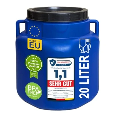 Afbeelding van plasteo® 20 liter brede hals met deksel en handgrepen, rechthoekig, blauw, geschikt voor levensmiddelen BPA vrij, kunststof vat, universeel dekselvat, watervat, regenton, opslagvat, blauw