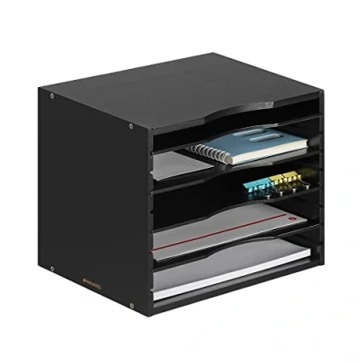 Afbeelding van Navaris bamboe brievenbak aanpasbare lades Postbakje met 5 vakken Documentenhouder 33 x 24,5 26 cm Organizer voor post en documenten Zwart