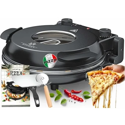 Afbeelding van KESSER® Pizzaoven met vuurvaste steenplaat tot 400 Graden elektrische Steenoven 1200W Pizza Oven Ø32 cm Timer, 5 warmtestanden en kijkvenster inclusief pizzasnijder receptenboek, Zwart