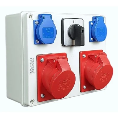 Afbeelding van RoadEu Bouwstroomverdeler met hoofdschakelaar 2x CEE 16A contactdoos 230V Schuko contactdozen stroomverdeler 0 1. IP44 voor werkplaatsen, garages of productielijnen.