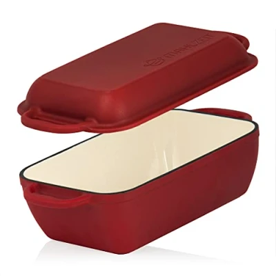 Afbeelding van Mahlzeit Gietijzeren braadpan met deksel geëmailleerd 4,8 liter Dark Cherry 2 in 1 ovenbestendig, geschikt voor inductie dubbele braadpan, eendenbraadpan groot, emaille