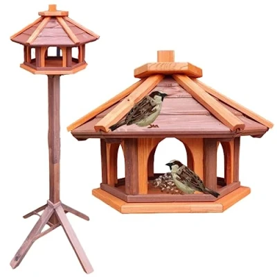 Afbeelding van Vogelhuis met standaard van hout, weerbestendig, vogelvoederhuis, voederstation voor wilde vogels, vogelvoederhuis om neer te zetten de tuin, balkon (bruin + rood)