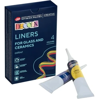 Afbeelding van Decola acryl liner 4x18ml op waterbasis voor porselein en glas kleuren geel, rood, blauw groen Gemaakt in door Nevskaya Palitra