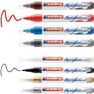 Afbeelding van edding Start Easy set acrylverfpennen, watervast; fijne en medium punt, van 8 acrylstiften (populaire kleuren) voor doek of hout het schilderen stehen