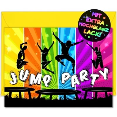 Afbeelding van VULAVA 12 x uitnodigingskaarten jump party + enveloppen voor kinderverjaardag: de brutaal kleurrijke kaarten in trampoline design zijn uitnodiging jongens, meisjes, kinderen, verjaardag en kinderfeest