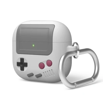 Afbeelding van elago AW5 Compatibel met AirPods 4 Hoesje (2024), Klassiek Retro Handheld Spelconsole Ontwerp Apple Karabijnhaak Inclusief (Lichtgrijs)