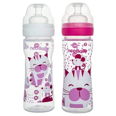 Afbeelding van Neobaby Babyfles van polypropyleen, brede hals met siliconen zuiger, 250 ml, roze, verstelbare doorstroming, 2 maanden +, 1 stuk