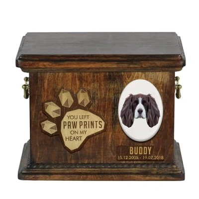 Afbeelding van Art Dog Aangepaste geometrische hondenherdenkingsurn Handgemaakte houten urn Op maat gemaakte hondencrematiedoos voor as 8,3x11,4x8,7 Springerspaniël