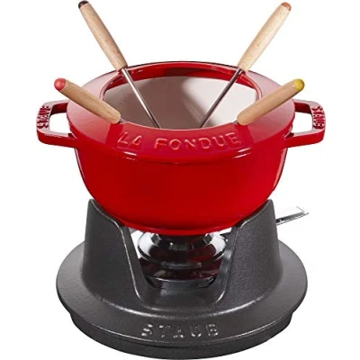 Afbeelding van STAUB Fondueset met 4 vorken, geschikt voor kaas , chocolade en vleesfondue, gietijzer, kersenrood, 16 cm