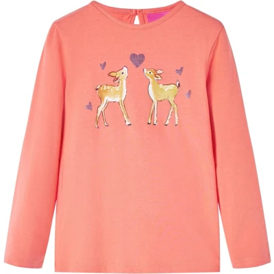 Afbeelding van Kindershirt met lange mouwen hertenprint 128 koraalkleurig