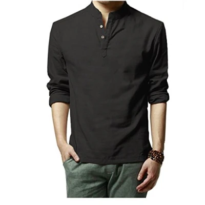 Afbeelding van Hoerev Merk Mannen Casual Lange Mouw Linnen Shirts Strand Henley Top Shirts, Zwart, L