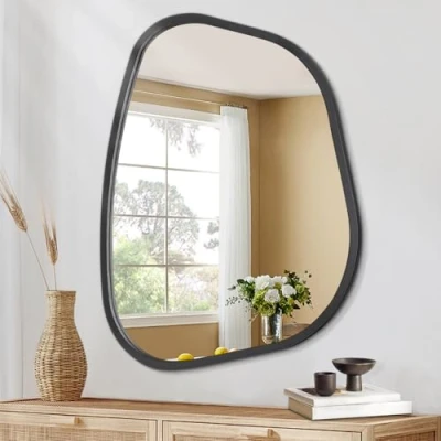 Afbeelding van HLFMVWE Zwarte asymmetrische spiegel, onregelmatige ovale wandspiegel, modern houten frame, unieke vorm voor de muur, decoratief, woonkamer, slaapkamer, badkamer