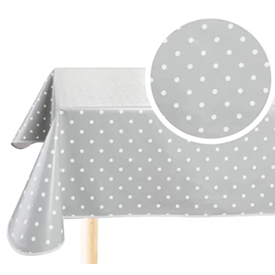 Afbeelding van Home Direct Rechthoekig Tafelzeil PVC Veeg Clean Tafelkleed 140cm x 180cm 55x70 Polka Dot Lichtgrijs, Zilver