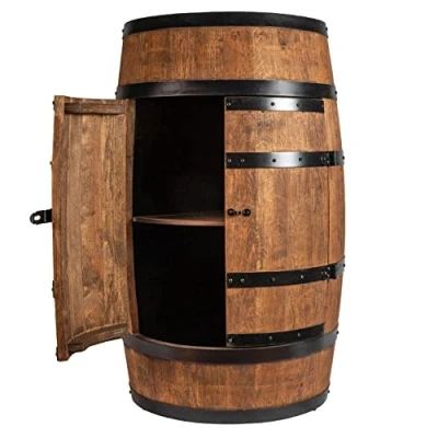 Afbeelding van CREATIVE COOPER Wijnvat statafel met deur alcoholkast flessenrek hout planken houten vat vatmeubel wijnrek wijnbar bar minibar 80cm hoog (wengé)