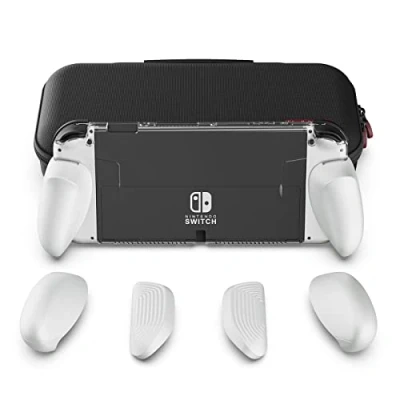 Afbeelding van Skull &amp; Co. GripCase OLED Bundle for Nintendo Switch Model: A Dockable Transparent Protective Case with Interchangeable Grips [to fit All Hands Sizes] [with Carrying Case] White
