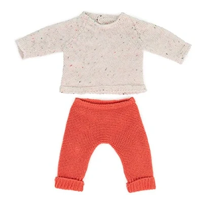 Afbeelding van Miniland Dolls: gebreide outfit, gemaakt van gerecyclede materialen, voor babypop 38 cm, model: witte trui en broek koraal.