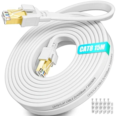 Afbeelding van Cat 8 Netwerkkabel 15m Ethernet Kabel Hoge Snelheid Platte Rj45 Internet 15 Meter 40Gbps 2000MHz Flexibele LAN Cable Wit Patchkabel voor Router Modem Switch Gaming Xbox PC