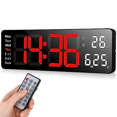 Afbeelding van Fuloon digitale wandklok, USB wandklok met groot display, led klok afstandsbediening, countdown dimmer, grote datum, week, temperatuur (rood, 33 cm)