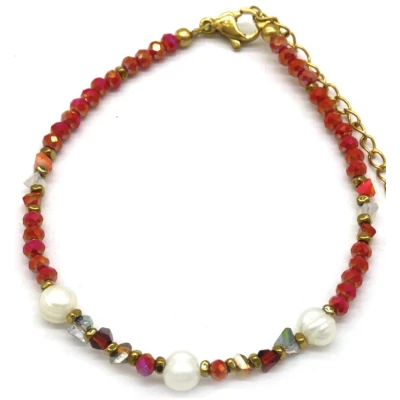 Afbeelding van Armband Dames Kralen en Steentjes RVS Verstelbaar 16 21 cm Rood