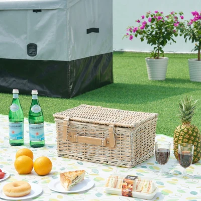 Afbeelding van casa.pro Picknickmand Lumparland complete set voor 4 personen rieten mand picknickset van borden glazen bestek picknickkoffer 42x28x20 cm wit en blauw