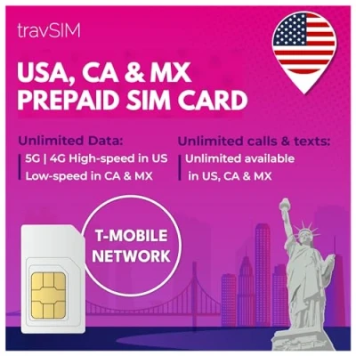 Afbeelding van travSIM VS, Canada Mexico SIM kaart T Mobile netwerk 50 GB data voor de 5 en Onbeperkt nationaal bellen sms&#039;en 14 dagen geldig