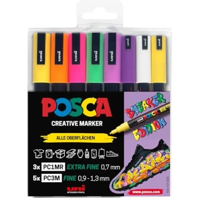 Afbeelding van Faber Castell uni ball 186828 Posca Marker Set Sneaker Stift, 8 delige etui, dekkend op donkere oppervlakken