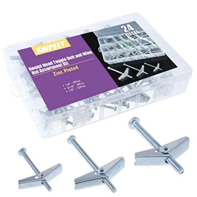 Afbeelding van Swpeet Diverse 24 stuks tuimelbout en vleugelmoer kit voor het ophangen van zware items op gipsplaten 1/8 inch, 3/16 1/4 inch