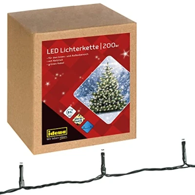 Afbeelding van Idena 31869 LED lichtketting met 200 LED&#039;s in warm wit, 8 uur timerfunctie en transformator, ca. 29,9 m lang, voor binnen buiten, feesten, Kerstmis, decoratie, bruiloften