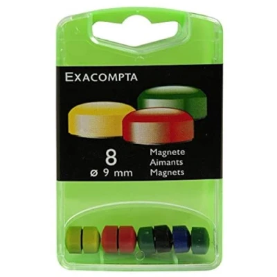 Afbeelding van Exacompta Ref 11045E Kleine ronde magneten 9mm diameter, 120g magnetische kracht 6 verschillende kleuren (Pack van 8) Geschikt voor gebruik op whiteboards, koelkasten of metalen oppervlakken