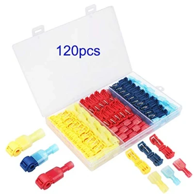 Afbeelding van GTIWUNG 120 stuks (60 paars) T aftakverbinder snelverbinder kit, Tap elektrische connectors assortiment snelscheidingsklemmen, snelverbinders + volledig geïsoleerde platte stekker (rood, blauw, geel)