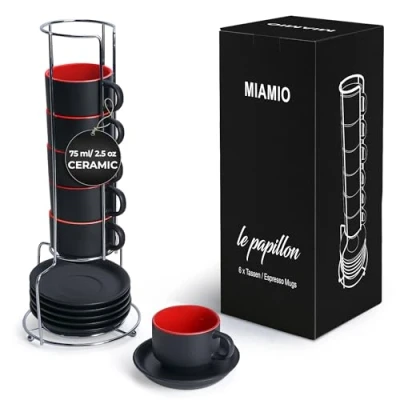Afbeelding van MIAMIO 6 x 75 ml aardewerk espresso mok/mokken set zwarte buitenkant kleurrijke binnenkant (Rood)