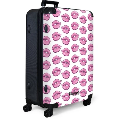 Afbeelding van NoBoringSuitcases.com® Koffer groot Reiskoffer lichtgewicht Wit met roze lippen Rolkoffer 4 wielen Grote trolley XL 98 liter bagage
