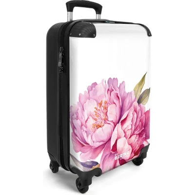 Afbeelding van NoBoringSuitcases.com® Handbagage koffer lichtgewicht Reiskoffer trolley Wit met roze pioenrozen Rolkoffer wieltjes Past binnen 55x40x20 en 55x35x25