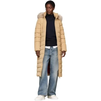 Afbeelding van Tommy Hilfiger Dames HERITAGE DOWN TYRA MAXI MET FUR WW0WW43601, Puffer jas, kaki, S, Kaki (Klassiek Kaki), S