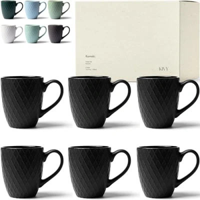 Afbeelding van KIVY mokken set van 6 x 400 ml grote koffiekopjes groot theekopjes zwarte keramische koffiepot modern zwart