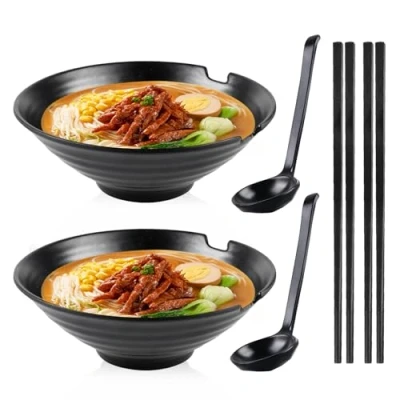 Afbeelding van Ramen kommenset, 2 stuks, met lepel en eetstokjes, premium antislip soepkommen, 1000 ml, grote Japanse serviesset voor ramen, pasta, salade