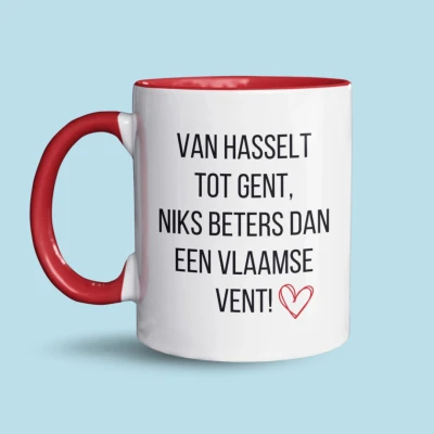 Afbeelding van NietMokken.be Grappige mok “Van Hasselt tot Gent, niks beters dan een Vlaamse vent! Cadeau voor mannen Humor Aan beide zijden bedrukt Vaatwasser en magnetronbestendig Keramische tas 325ml