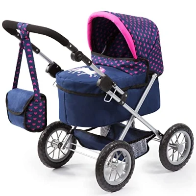 Afbeelding van Bayer Design 13054AA poppenwagen trendy met tas, in hoogte verstelbare handgreep, eenhoorn, blauw, roze