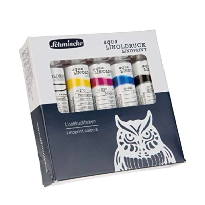 Afbeelding van Schmincke aqua LINOLDRUCK, linoleumdrukset met 5 x 20 ml tubes, 82 005 097, fijnste linoleumdrukinkten, scherpe contouren, gelijkmatige afdruk, briljante kleuren, beste lichtechtheid