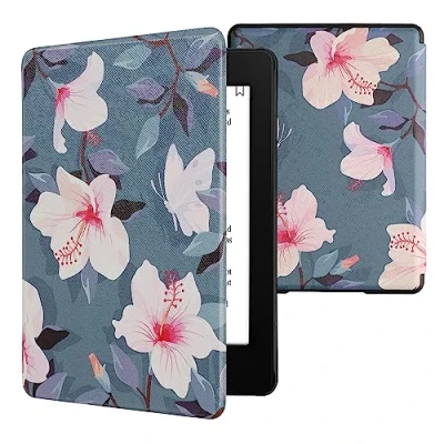 Afbeelding van kwmobile e reader hoesje compatibel met Amazon Kindle Paperwhite 11. Generation 2021 Magneetsluiting Ereader case Fuchsia bloemen in wit/poederroze/paars