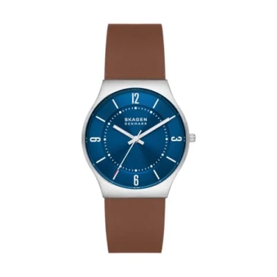 Afbeelding van Grenen Espressobruin Leren Horloge met Drie Wijzers