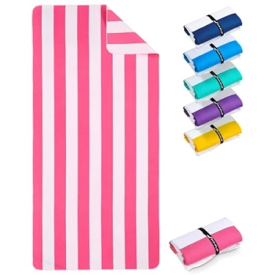 Afbeelding van Stranddeken XXL microvezel strandhanddoek groot, licht en sneldrogend 100% gerecyclede handdoek Strandlaken Pink Wit gestreept 200cmx90cm