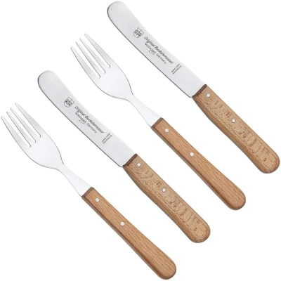 Afbeelding van RÖR Solingen Ontbijtmes Buckels Lemmet 11.5 cm set met Vork Beukenhout 4 delig