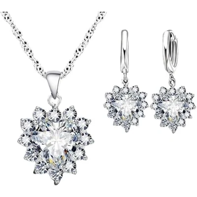 Afbeelding van FDEETY Sieraden Set voor Vrouwen Kristal Hart Hanger Ketting Oorbellen Bruiloft Prom Verjaardagscadeaus, Messing Edelsteen Zilver